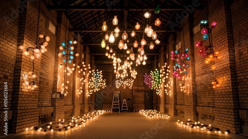 Brick room with high ceiling and clusters of colorful lightbulbs