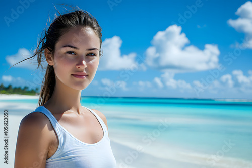 Female Model on the Beach with Blue Sky and Few Clouds in the Background