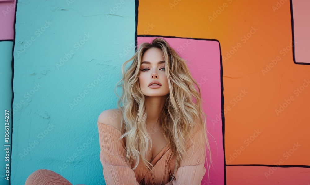 Obraz premium A Young Woman With Long, Wavy Hair Poses Against a Vibrant Mural Backdrop in Bright Pastel Colors During Daylight Hours