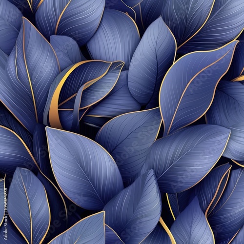 Wallpaper Mural Elegant dark blue leaves with golden outlines in a lush arrangement Torontodigital.ca