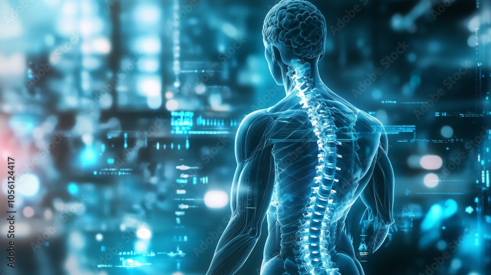A detailed representation of a human spine is shown against a backdrop of digital elements, illustrating advanced medical technology and anatomical studies. A detailed representation of a human spine is shown against a backdrop of digital elements, illustrating advanced medical technology and anatomical studies.