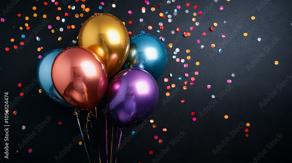 Colorful Balloons and Confetti on Black Background Colorful Balloons and Confetti on Black Background