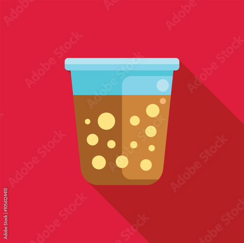 Refreshing carbonated beverage in a plastic cup, featuring visible bubbles and a light blue lid, set against a vibrant red backdrop