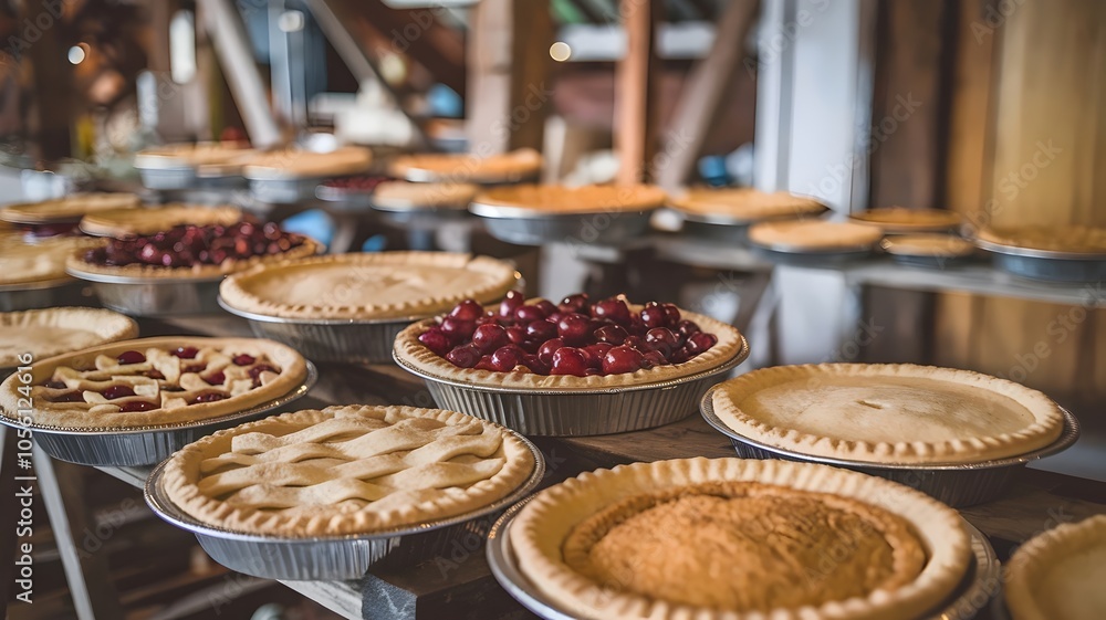 Variety of pies arranged on wooden ladder with rustic background Variety of pies arranged on wooden ladder with rustic background