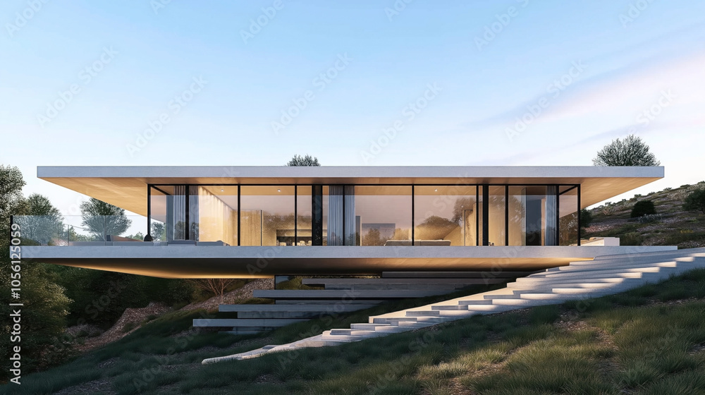 Modern, minimalistic house with a flat roof, large glass windows, and an elevated foundation. The structure is surrounded by greenery against a clear sky at dusk. Modern, minimalistic house with a flat roof, large glass windows, and an elevated foundation. The structure is surrounded by greenery against a clear sky at dusk.
