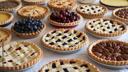 Table with various pies on white tablecloth with empty background