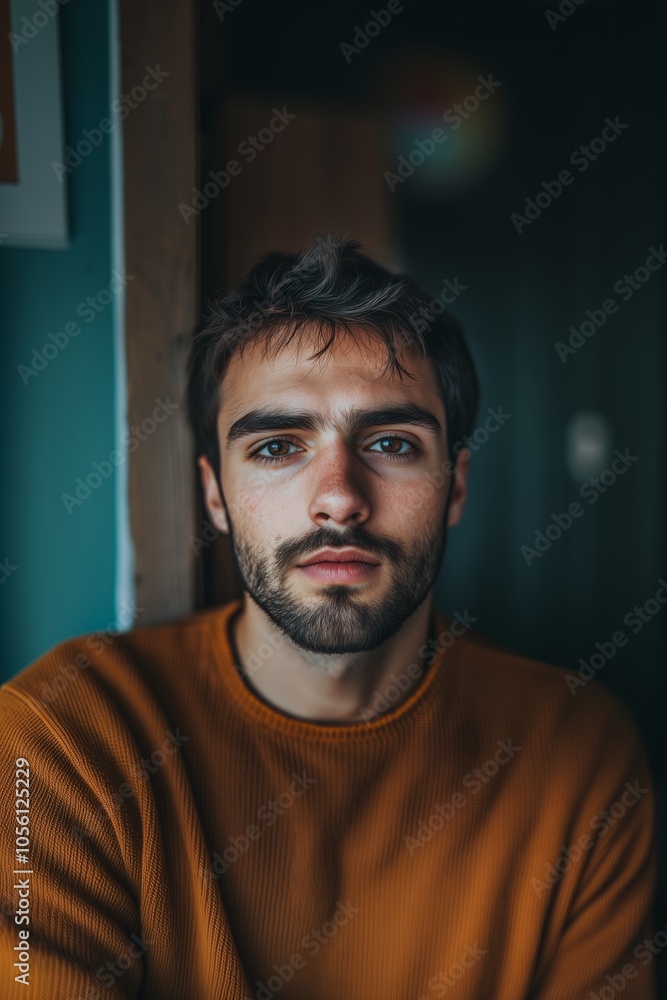Fototapeta premium A Young Man With a Contemplative Expression Sits in a Cozy Room Adorned With Soft Lighting During Evening Hours