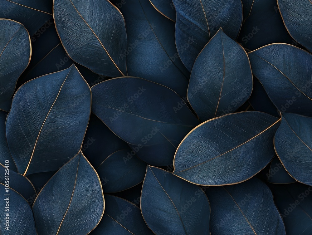 Obraz premium Elegant dark blue leaves with gold edges arranged beautifully