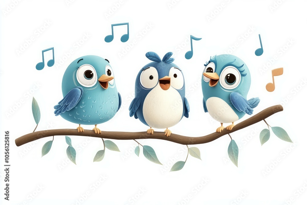 Cute cartoon birds singing on a branch, wall stickers on a white background, Cute cartoon birds singing on a branch, wall stickers on a white background,