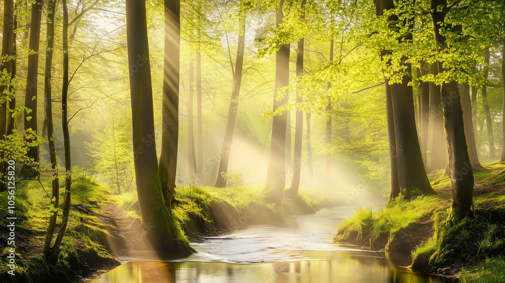 Obraz premium Serene forest landscape with sunlight filtering through trees, peaceful river, nature conservation theme