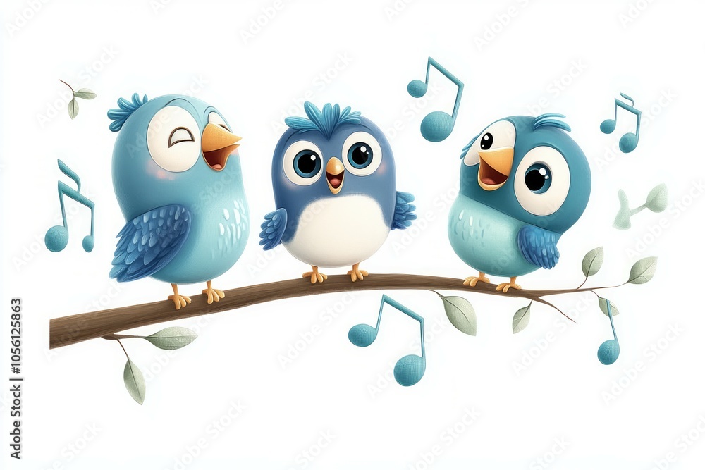 Cute cartoon birds singing on a branch, wall stickers on a white background, Cute cartoon birds singing on a branch, wall stickers on a white background,