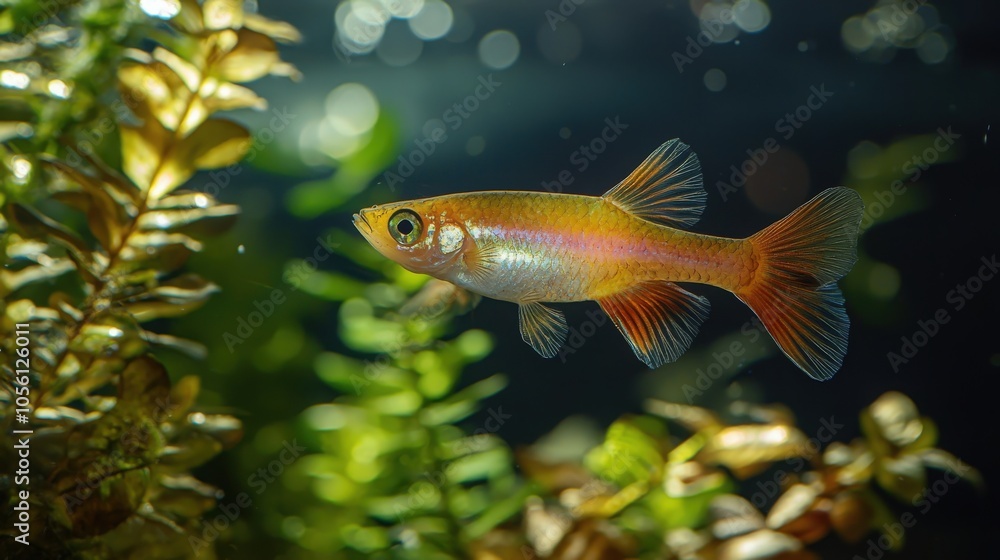 Fototapeta premium Colorful fish swimming amidst lush aquatic plants in a freshwater aquarium
