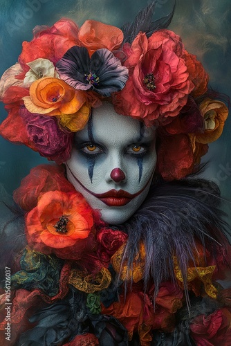 Portrait of a Clown with Flower Crown and Dramatic Makeup