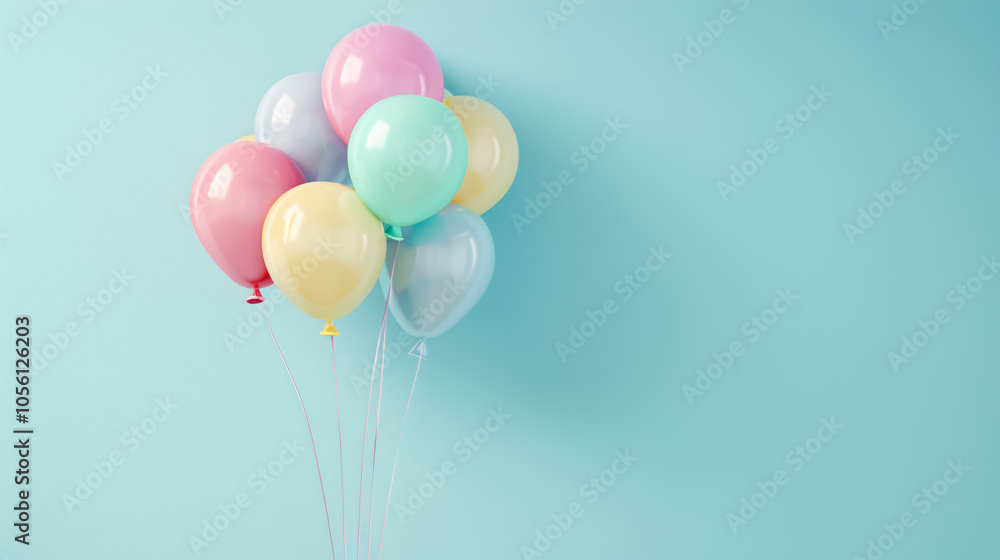 Bunch of balloons on light blue background: Space for text. Greeting card. Bunch of balloons on light blue background: Space for text. Greeting card.