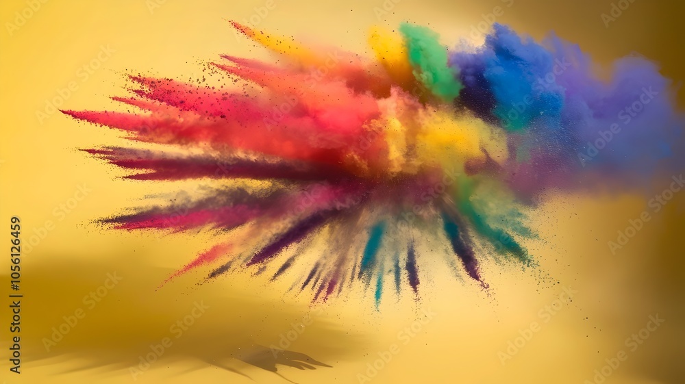 Fototapeta premium Colorful dust particles over yellow background with hand shadow