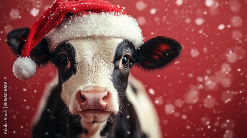 Cute Cow Wearing a Santa Hat Isolated on a Red Background – Banner with Copy Space

