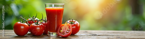 Fresh tomato juice with ripe tomatoes on wooden table
