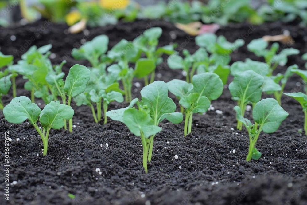 Young cabbage seedlings thrive in rich soil during a sunny spring afternoon. Generative AI Young cabbage seedlings thrive in rich soil during a sunny spring afternoon. Generative AI