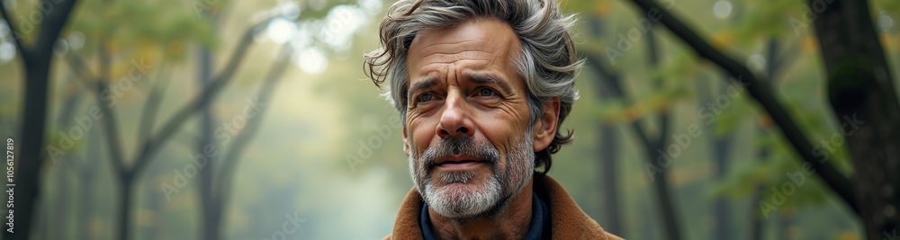 Mature man with beard in forest autumn scene Mature man with beard in forest autumn scene