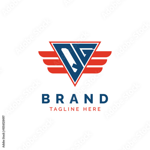 Patriotic QG Logo Initials. Letter QG Winged Logo. Red and Blue Triangle QG with Wing for Aviation, Delivery Services, Sports, Military and Security Agencies