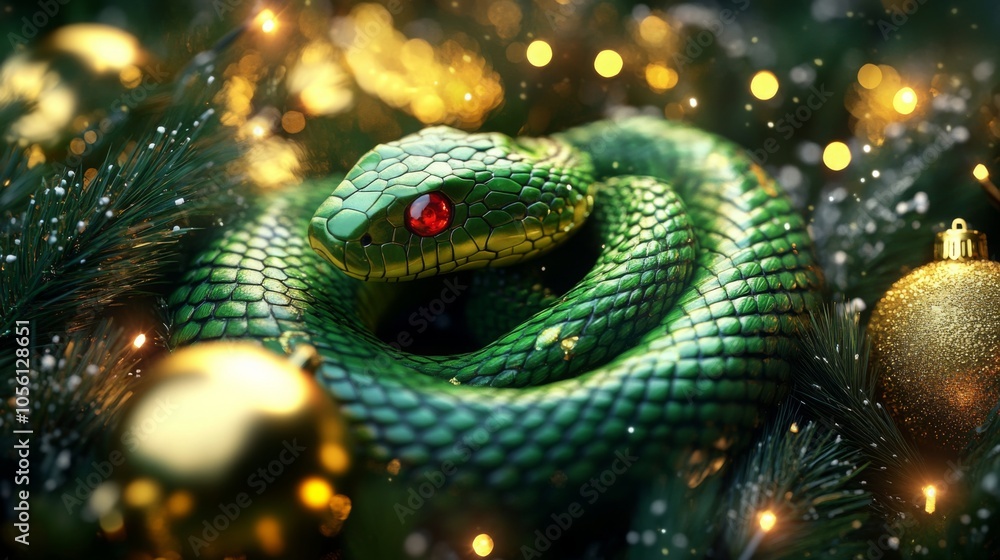 A vibrant green snake with striking red eyes rests gracefully among shiny golden ornaments and festive pine branches, creating a unique and captivating holiday atmosphere full of color. A vibrant green snake with striking red eyes rests gracefully among shiny golden ornaments and festive pine branches, creating a unique and captivating holiday atmosphere full of color.