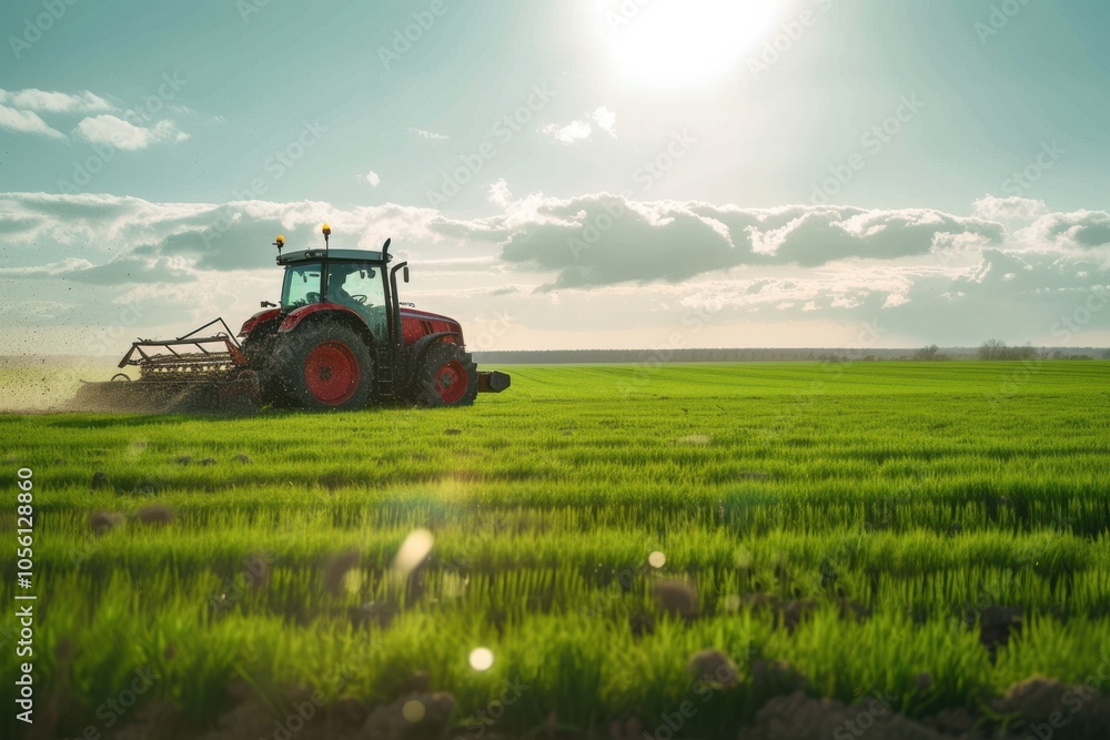 Fototapeta premium Tractor spreads grass seeds across vibrant green field