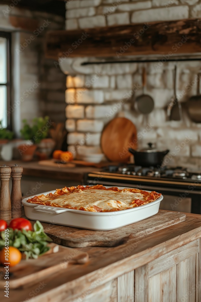Delicious Homemade Lasagna Cooling on a Rustic Wooden Table in a Cozy Kitchen Filled With Fresh Ingredients and Warm Lighting Delicious Homemade Lasagna Cooling on a Rustic Wooden Table in a Cozy Kitchen Filled With Fresh Ingredients and Warm Lighting