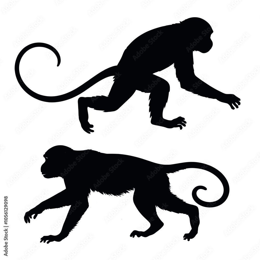 a monkey running vector silhouette, fill with black color, isolated white background