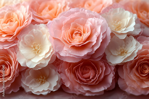 Delicate pastel roses in soft shades of pink and white, arranged closely to create an elegant floral backdrop.