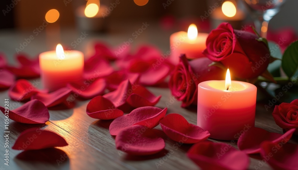 Romantic Valentine’s Day table setting with rose petals candles and heart-shaped decor for an intimate dinner experience. Romantic Valentine’s Day table setting with rose petals candles and heart-shaped decor for an intimate dinner experience.