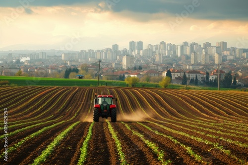 Tractor working on city outskirts with a view of planted rows photo