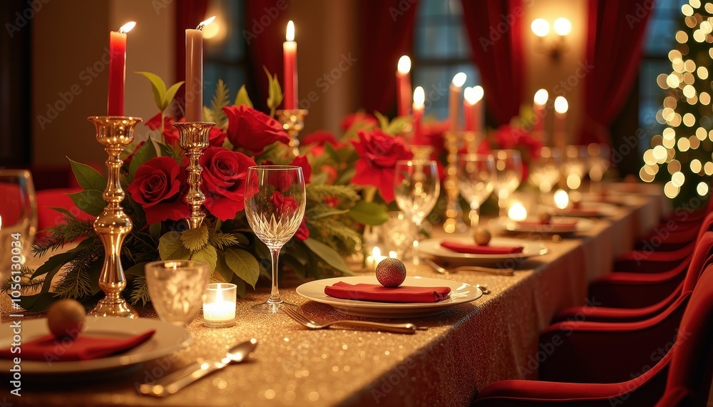 Glamorous holiday banquet table adorned with glittering accents luxurious fabrics and festive decor for a lavish dinner party. Glamorous holiday banquet table adorned with glittering accents luxurious fabrics and festive decor for a lavish dinner party.