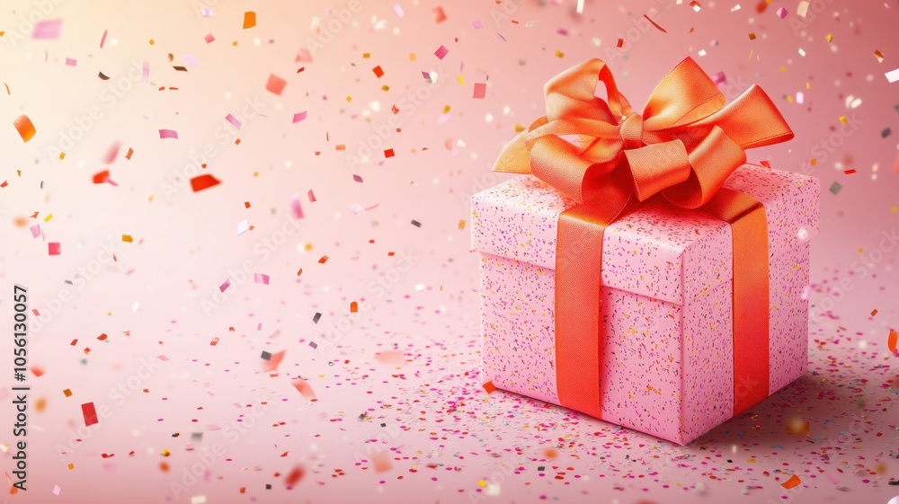 Illustration of pink gift box with bright orange bow and ribbon placed on pink background near confetti. Concept of holiday or birthday. Panorama banner format Illustration of pink gift box with bright orange bow and ribbon placed on pink background near confetti. Concept of holiday or birthday. Panorama banner format