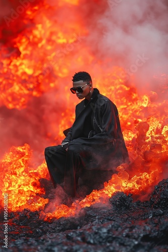 A Confident Individual Sits Calmly Amidst Vibrant Lava Flows and Volcanic Smoke in a Dramatic Display of Nature's Power