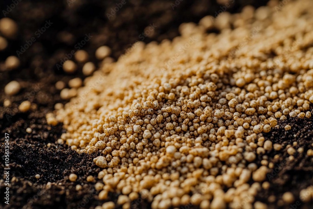 Golden grains of fertilizer nestled in rich, dark soil under soft sunlight. Generative AI Golden grains of fertilizer nestled in rich, dark soil under soft sunlight. Generative AI