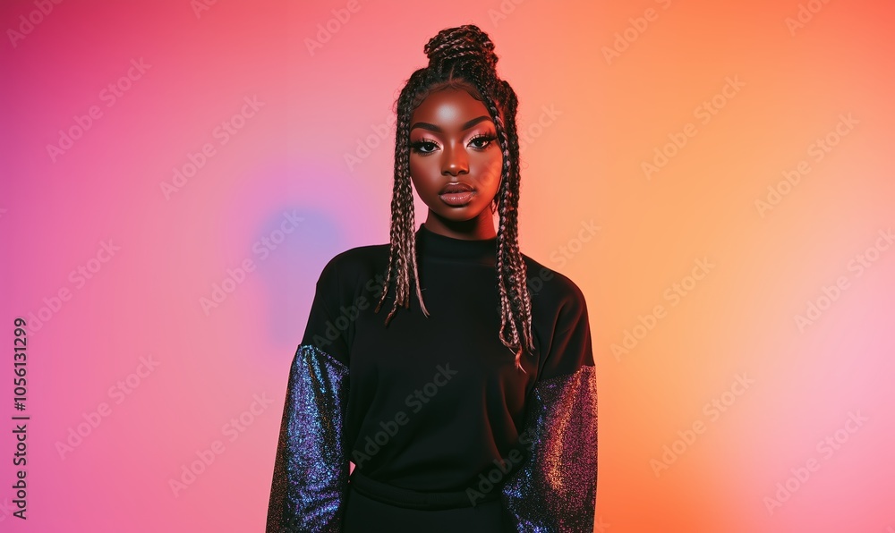 A Young Woman With Braided Hair Stands Confidently Against a Vibrant Orange and Pink Background in a Stylish Top During a Creative Photoshoot A Young Woman With Braided Hair Stands Confidently Against a Vibrant Orange and Pink Background in a Stylish Top During a Creative Photoshoot