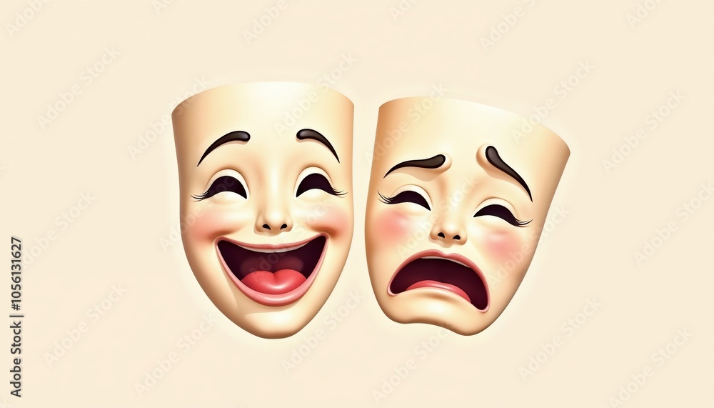Classical Theater Masks Expressing Joy and Sorrow against Neutral Background Classical Theater Masks Expressing Joy and Sorrow against Neutral Background