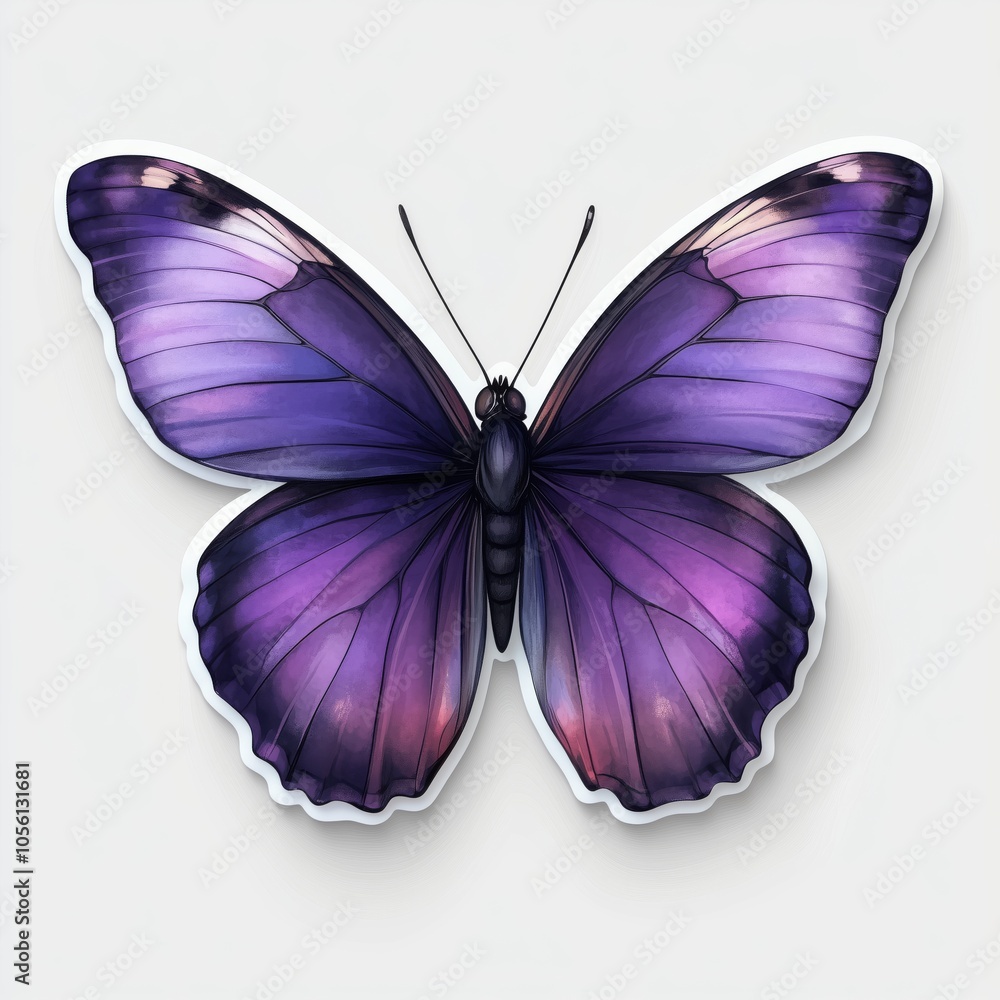 Fototapeta premium Vibrant sticker art of a delicate butterfly in rich purple tones, set against a black background for an elegant appearance