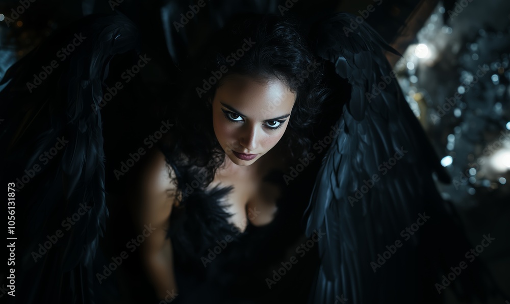 A Mysterious Figure With Dark Wings Gazes Intensely in a Dimly Lit Environment, Creating an Atmosphere of Intrigue and Fantasy A Mysterious Figure With Dark Wings Gazes Intensely in a Dimly Lit Environment, Creating an Atmosphere of Intrigue and Fantasy