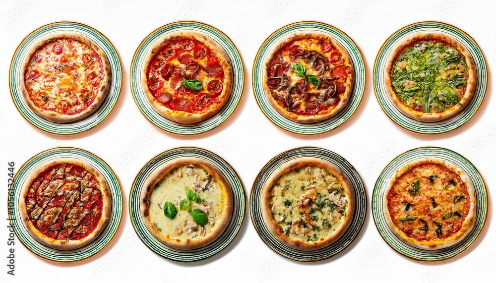 Set of different pizzas top view set. isolated on white background. pesto pizza, BBQ chicken pizza, fajita pizza, Italian pizza. Set of different pizzas top view set. isolated on white background. pesto pizza, BBQ chicken pizza, fajita pizza, Italian pizza.