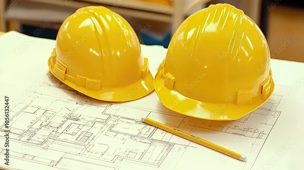 Worktable with blueprint of floor plan, yellow helmet, pencil next to it, representing architecture and engineering work Worktable with blueprint of floor plan, yellow helmet, pencil next to it, representing architecture and engineering work