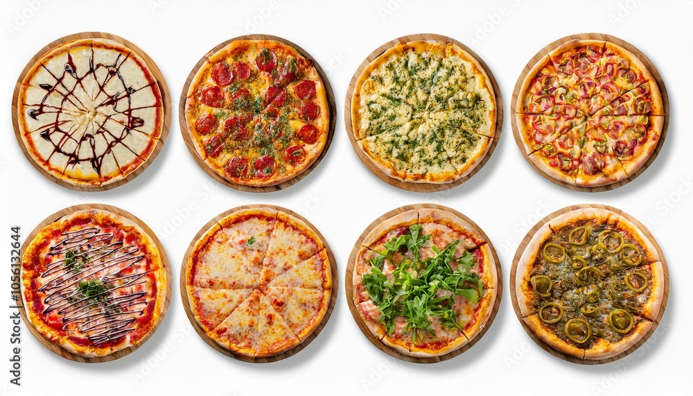 Set of different pizzas top view set. isolated on white background. pesto pizza, BBQ chicken pizza, fajita pizza, Italian pizza. Set of different pizzas top view set. isolated on white background. pesto pizza, BBQ chicken pizza, fajita pizza, Italian pizza.