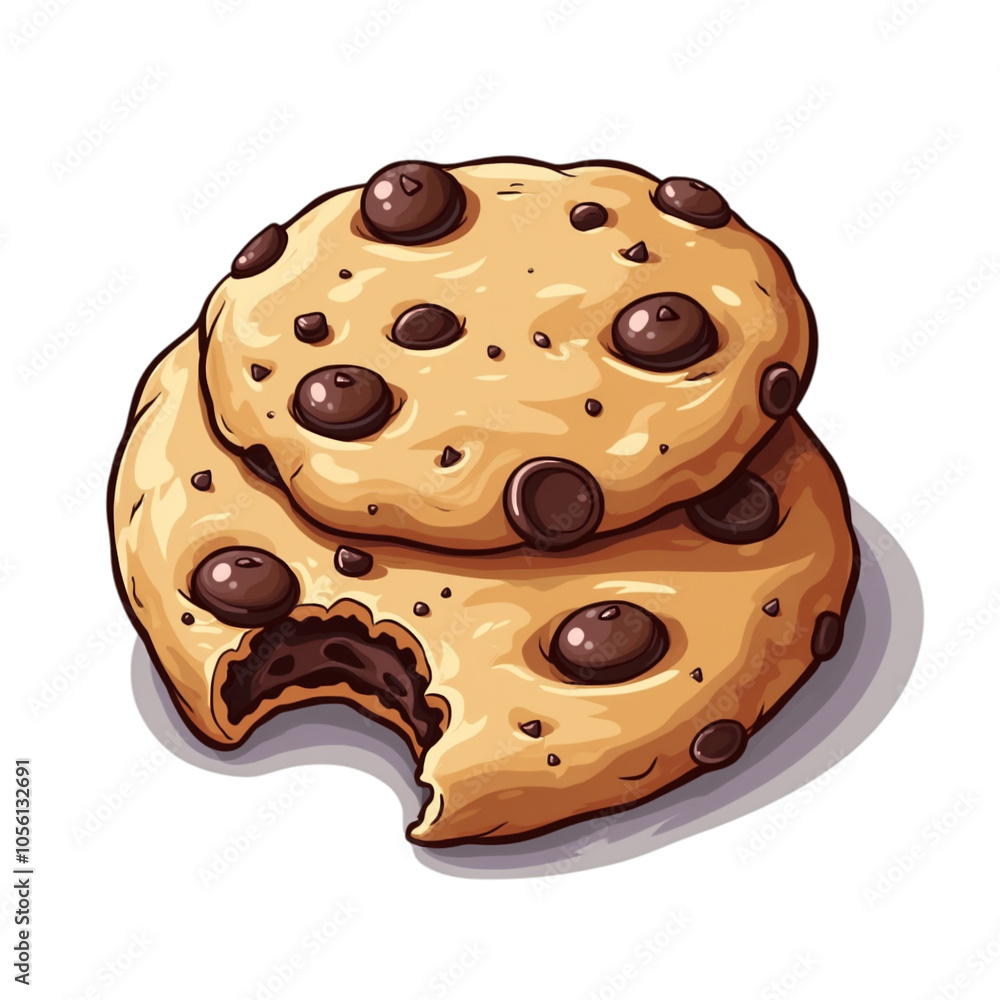 Two chocolate chip cookies are stacked, and one has a bite taken out of it. Two chocolate chip cookies are stacked, and one has a bite taken out of it.