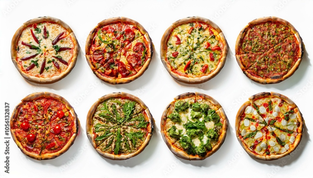 Set of different pizzas top view set. isolated on white background. pesto pizza, BBQ chicken pizza, fajita pizza, Italian pizza. Set of different pizzas top view set. isolated on white background. pesto pizza, BBQ chicken pizza, fajita pizza, Italian pizza.