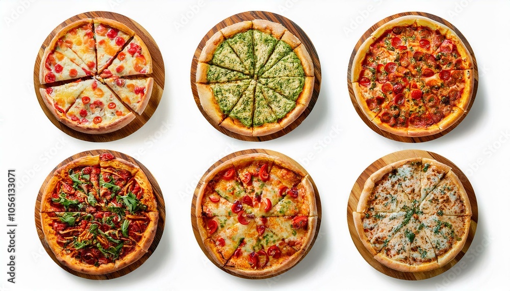 Set of different pizzas top view set. isolated on white background. pesto pizza, BBQ chicken pizza, fajita pizza, Italian pizza. Set of different pizzas top view set. isolated on white background. pesto pizza, BBQ chicken pizza, fajita pizza, Italian pizza.
