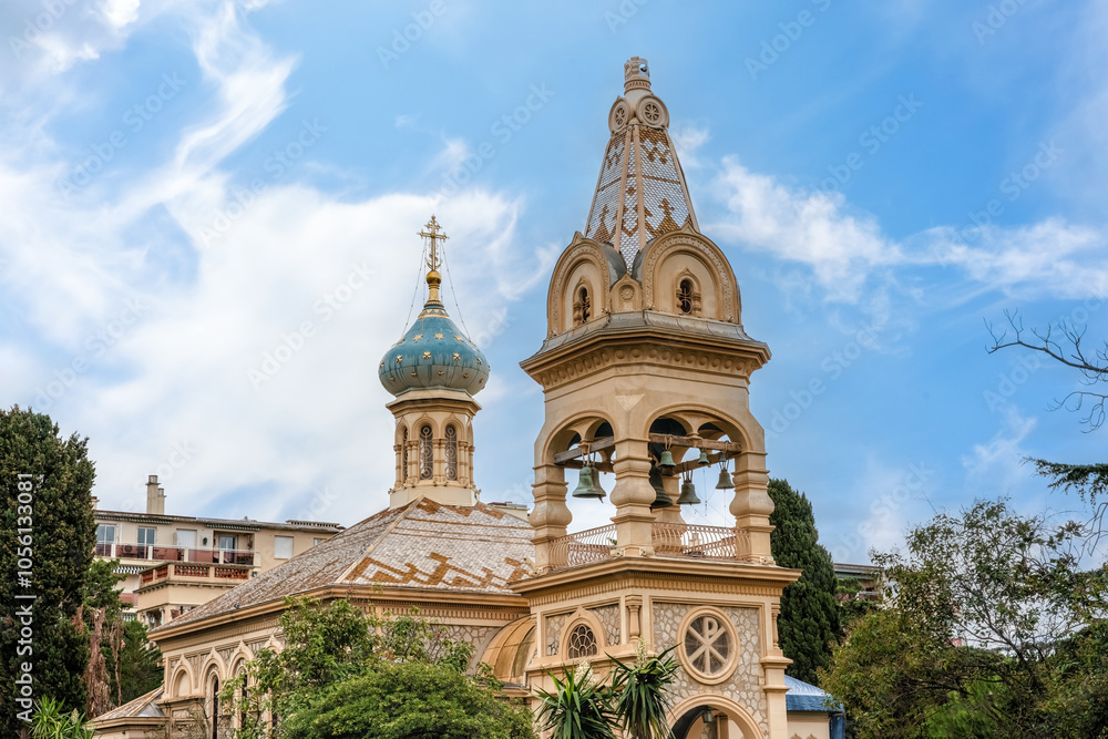 Bell tower and dome of Russian Orthodox Church in Cannes France. Bell tower and dome of Russian Orthodox Church in Cannes France.