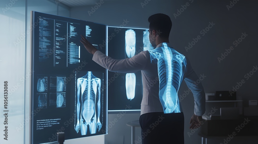 A man examines a glowing blue digital x-ray of a spine. A man examines a glowing blue digital x-ray of a spine.