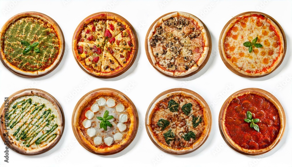 Set of different pizzas top view set. isolated on white background. pesto pizza, BBQ chicken pizza, fajita pizza, Italian pizza. Set of different pizzas top view set. isolated on white background. pesto pizza, BBQ chicken pizza, fajita pizza, Italian pizza.