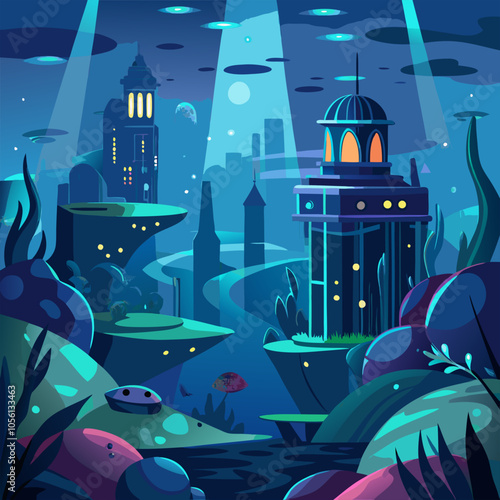 A whimsical illustration of a submerged city, featuring glowing buildings, lush underwater flora, and a moonlit sky. This magical and surreal scene is perfect for fantasy-themed projects.