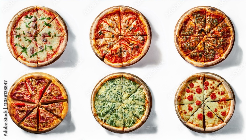 Set of different pizzas top view set. isolated on white background. pesto pizza, BBQ chicken pizza, fajita pizza, Italian pizza. Set of different pizzas top view set. isolated on white background. pesto pizza, BBQ chicken pizza, fajita pizza, Italian pizza.